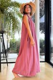 Made in Italy Paulo Pillow Cotton Tie Shoulder Maxi Dress Indian Pink